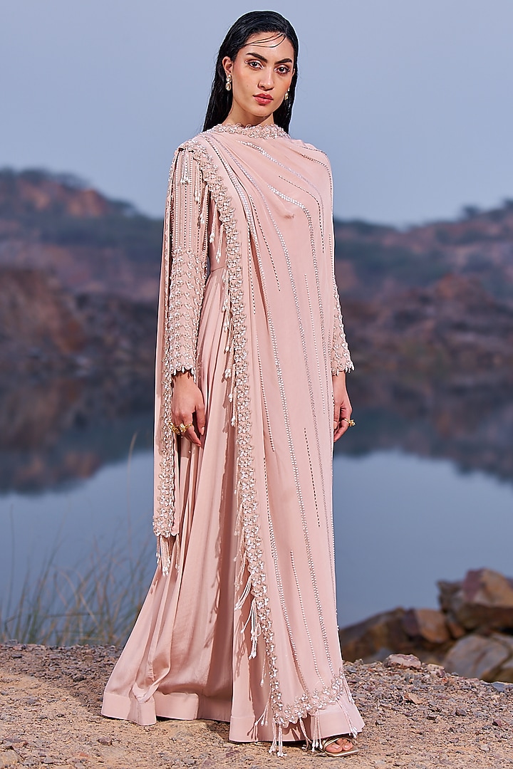 Pastel Rose Pink Crepe Sequins Embroidered Wedding Anarkali by Nidhika Shekhar at Pernia's Pop Up Shop