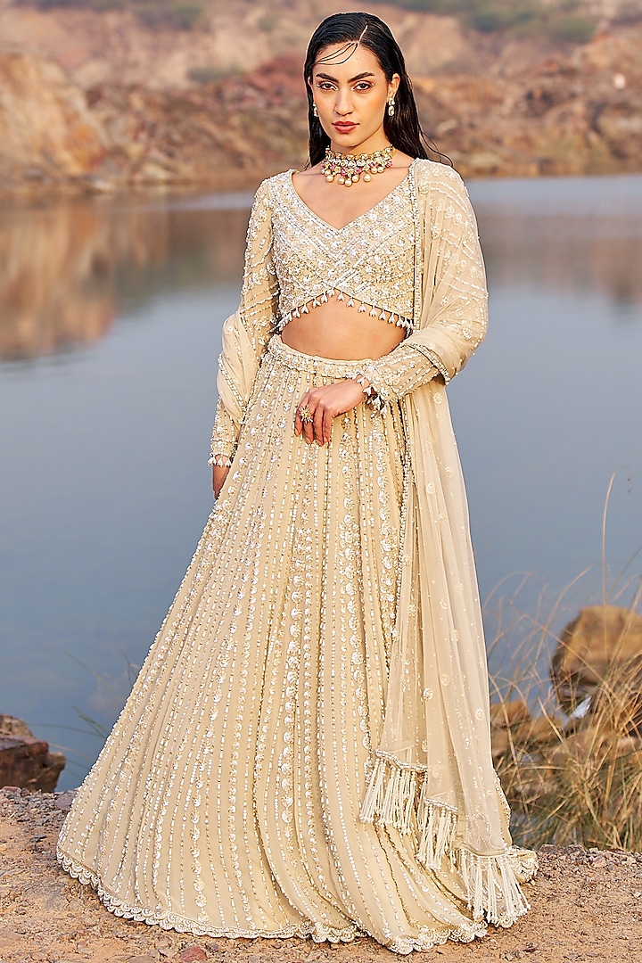 Golden Georgette Hand Embellished Lehenga Set by Nidhika Shekhar