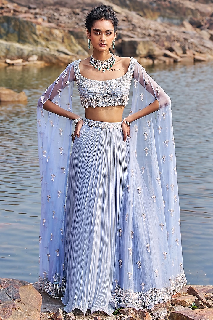 Aqua Crinkled Georgette Sequins Embellished Lehenga Set by Nidhika Shekhar