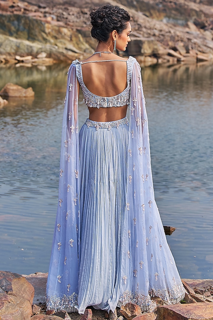 Aqua Crinkled Georgette Sequins Embellished Wedding Lehenga Set by Nidhika Shekhar at Pernia's Pop Up Shop