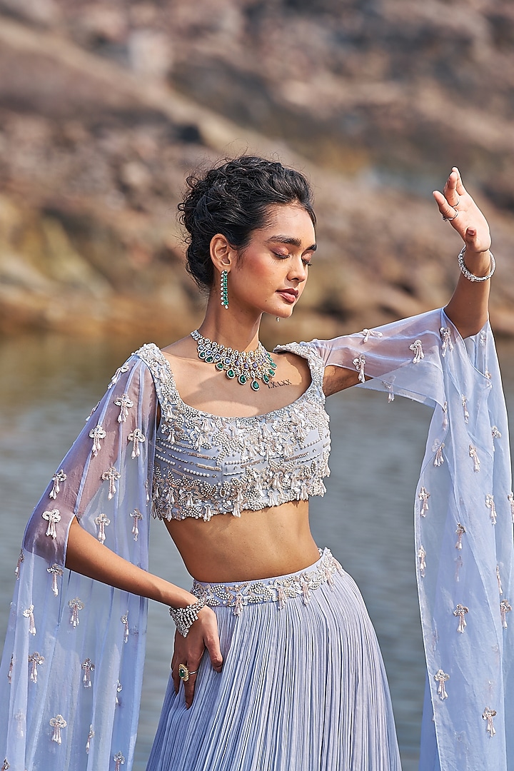 Aqua Crinkled Georgette Sequins Embellished Wedding Lehenga Set by Nidhika Shekhar at Pernia's Pop Up Shop