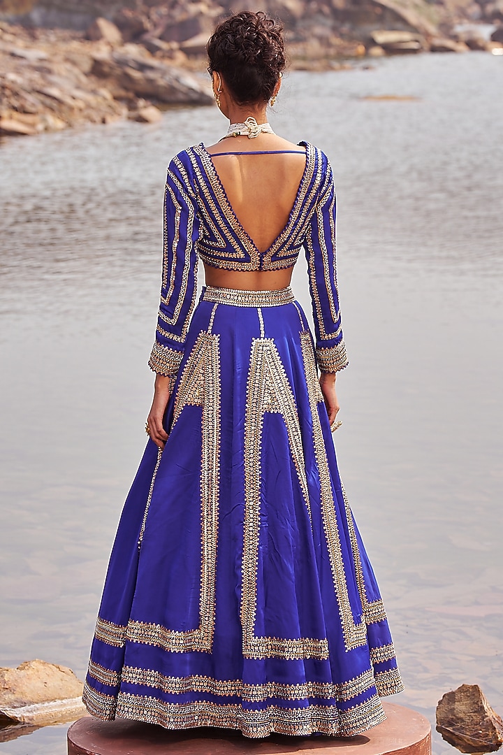 Ink Blue Organza Satin Sequins Embellished Wedding Lehenga Set by Nidhika Shekhar at Pernia's Pop Up Shop