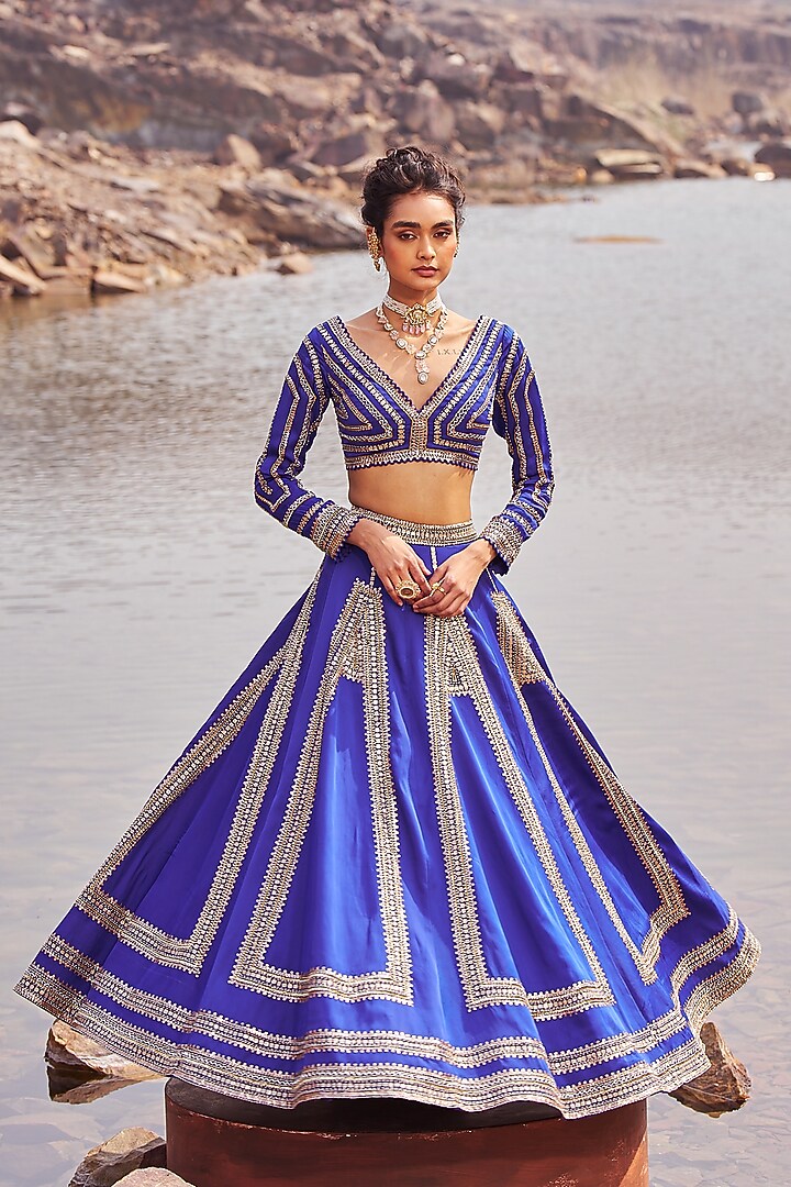 Ink Blue Organza Satin Sequins Embellished Wedding Lehenga Set by Nidhika Shekhar at Pernia's Pop Up Shop