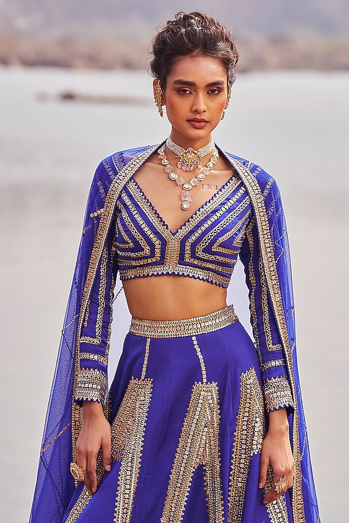 Ink Blue Organza Satin Sequins Embellished Wedding Lehenga Set by Nidhika Shekhar at Pernia's Pop Up Shop
