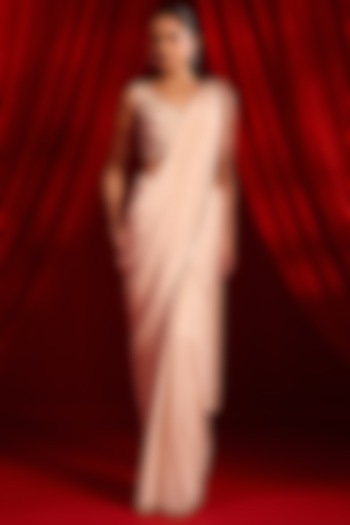 Salmon Pink Chiffon & Net Embroidered Jacket Wedding Saree Set by Nidhika Shekhar at Pernia's Pop Up Shop