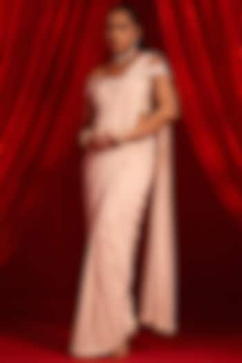 Salmon Pink Crepe Embroidered Wedding Saree Set by Nidhika Shekhar at Pernia's Pop Up Shop