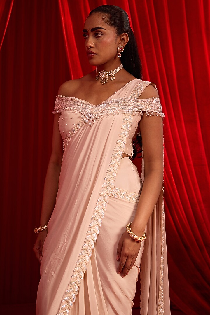Salmon Pink Crepe Embroidered Wedding Saree Set by Nidhika Shekhar at Pernia's Pop Up Shop