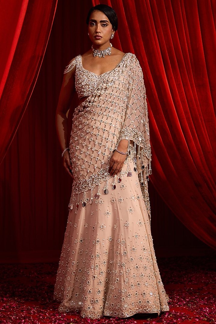 Salmon Pink Georgette Mirror Work Wedding Lehenga Set by Nidhika Shekhar at Pernia's Pop Up Shop