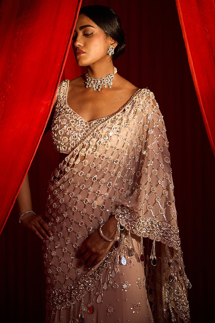 Salmon Pink Georgette Mirror Work Wedding Lehenga Set by Nidhika Shekhar at Pernia's Pop Up Shop