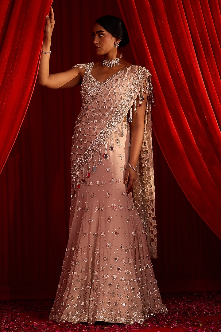 Salmon Pink Georgette Mirror Work Wedding Lehenga Set by Nidhika Shekhar at Pernia's Pop Up Shop