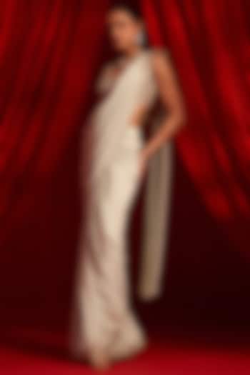 Sage Green Crepe Embroidered Draped Wedding Saree Set by Nidhika Shekhar at Pernia's Pop Up Shop