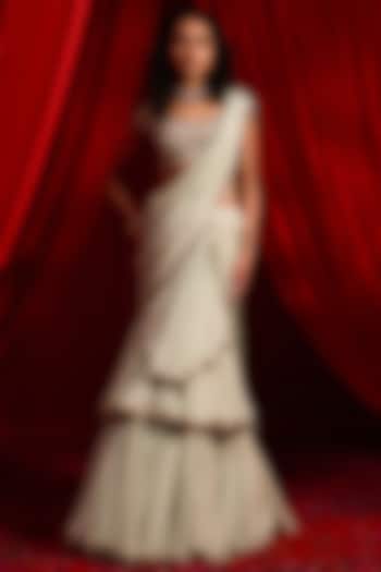 Sage Green Chiffon Embroidered Draped Wedding Saree Set by Nidhika Shekhar at Pernia's Pop Up Shop