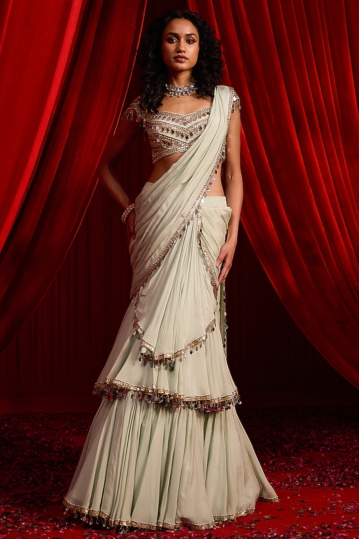 Sage Green Chiffon Embroidered Draped Wedding Saree Set by Nidhika Shekhar at Pernia's Pop Up Shop