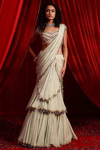Sage Green Chiffon Embroidered Draped Saree Set by Nidhika Shekhar