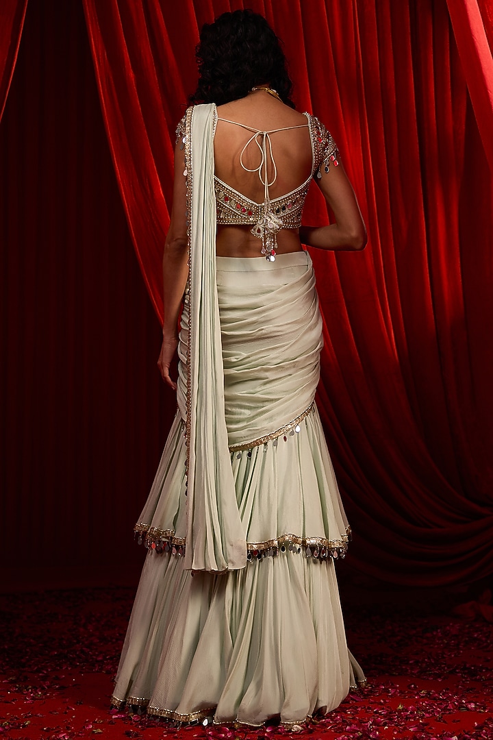 Sage Green Chiffon Embroidered Draped Wedding Saree Set by Nidhika Shekhar at Pernia's Pop Up Shop
