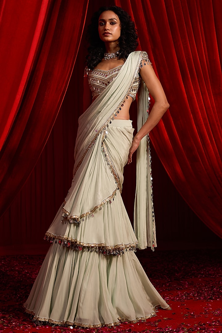 Sage Green Chiffon Embroidered Draped Wedding Saree Set by Nidhika Shekhar at Pernia's Pop Up Shop