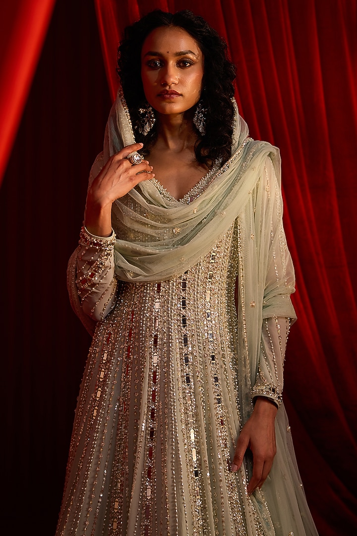 Sage Green Georgette Mirror Embroidered Bridal Anarkali Set

 by Nidhika Shekhar at Pernia's Pop Up Shop