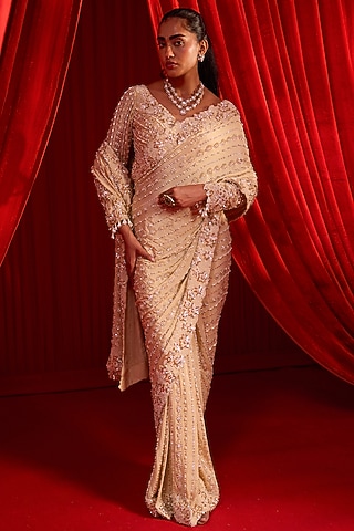 Golden Crepe & Silk Hand Embroidered Pre-Draped Saree Set by Nidhika Shekhar