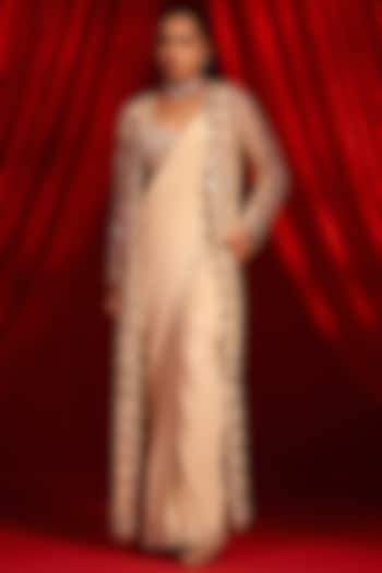 Golden Crepe Mirror Embroidered Jacket Reception Saree Set by Nidhika Shekhar at Pernia's Pop Up Shop