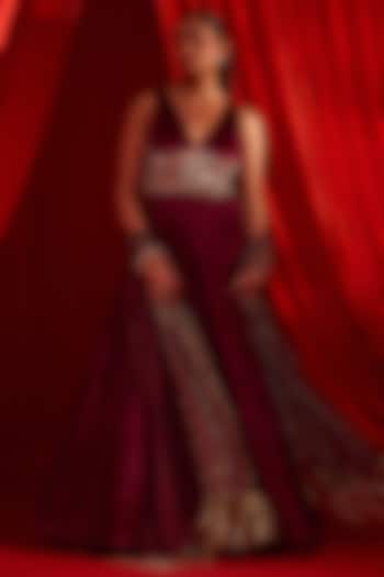 Wine Wrinkle Fabric & Organza Mirror Embroidered Wedding Anarkali Set by Nidhika Shekhar at Pernia's Pop Up Shop