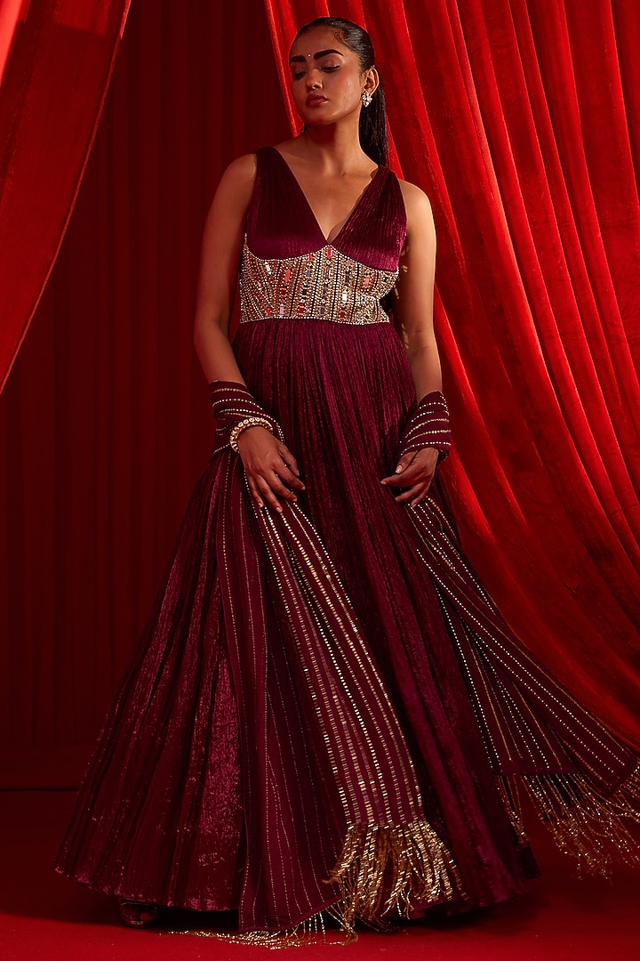 Wine Wrinkle Fabric & Organza Mirror Embroidered Wedding Anarkali Set by Nidhika Shekhar at Pernia's Pop Up Shop