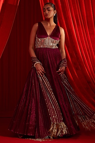 Wine Wrinkle Fabric & Organza Mirror Embroidered Anarkali Set by Nidhika Shekhar