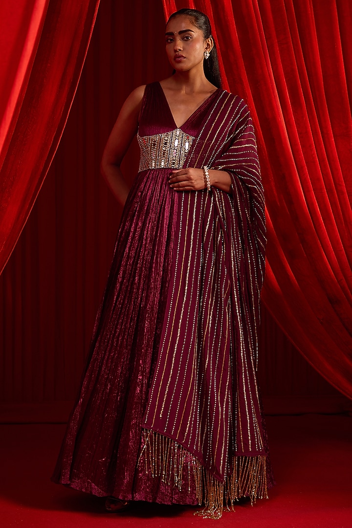 Wine Wrinkle Fabric & Organza Mirror Embroidered Wedding Anarkali Set by Nidhika Shekhar at Pernia's Pop Up Shop