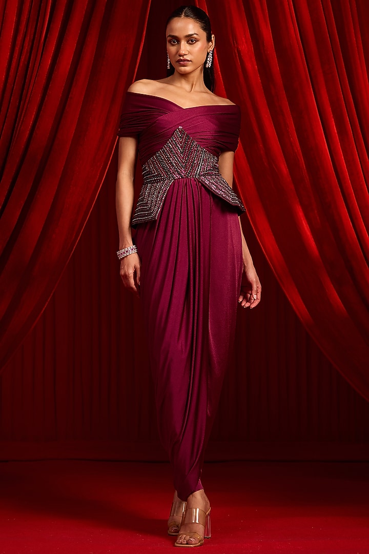 Wine Lycra Pre-Draped Skirt Set by Nidhika Shekhar at Pernia's Pop Up Shop