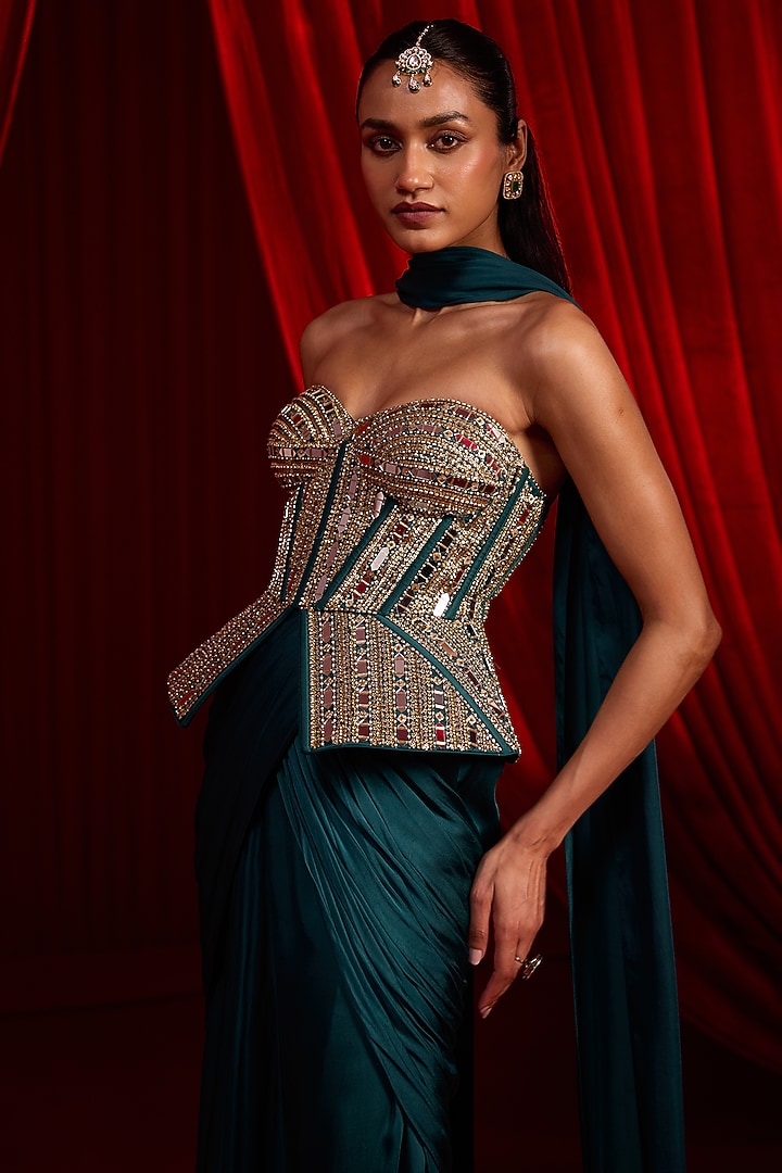Teal & Turquoise Modal Satin Skirt Set by Nidhika Shekhar at Pernia's Pop Up Shop