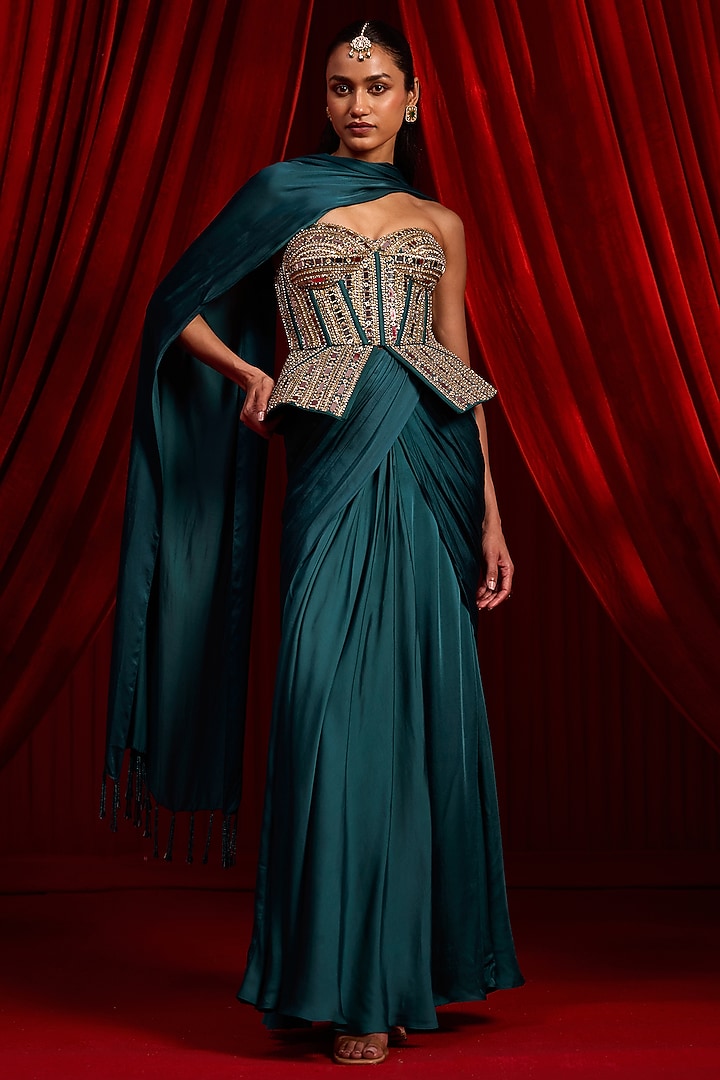 Teal & Turquoise Modal Satin Skirt Set by Nidhika Shekhar at Pernia's Pop Up Shop
