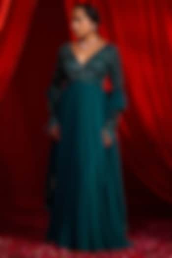 Teal & Turquoise Chiffon Mirror Embroidered Wedding Anarkali Set by Nidhika Shekhar at Pernia's Pop Up Shop