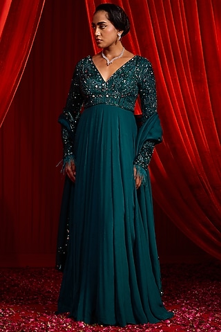 Teal & Turquoise Chiffon Mirror Embroidered Anarkali Set by Nidhika Shekhar