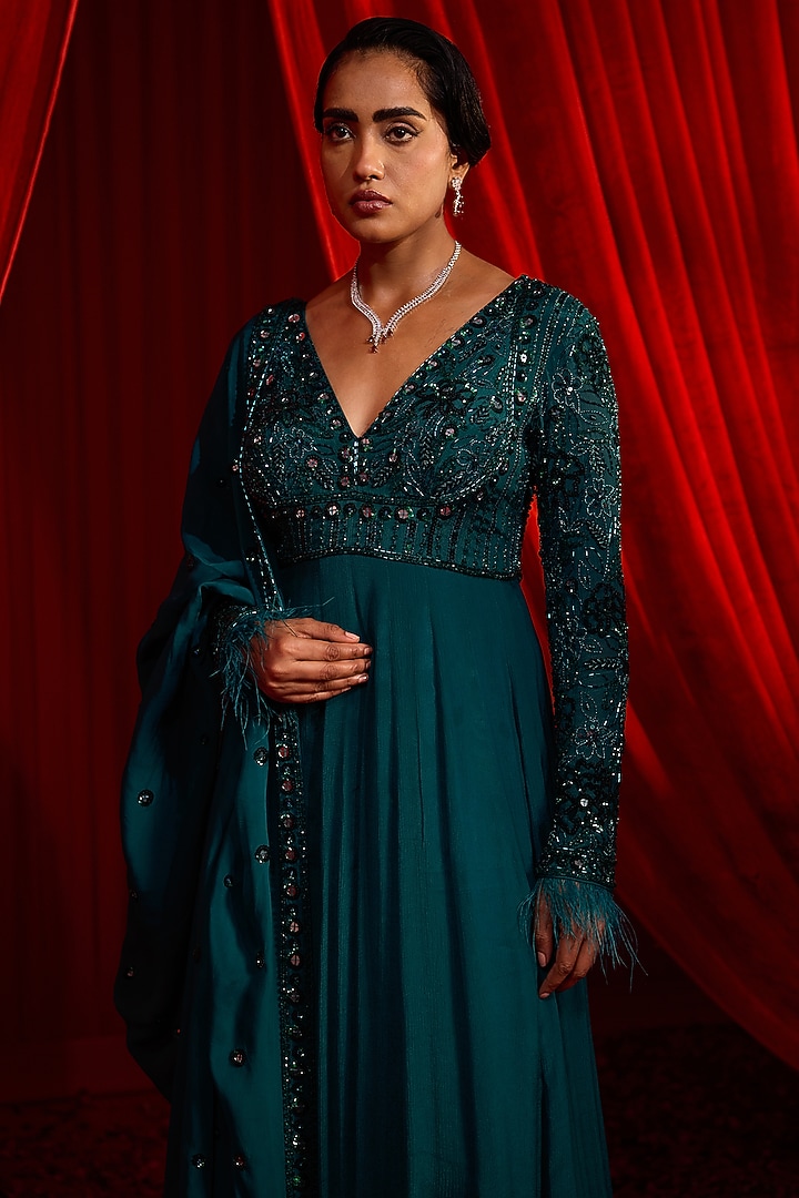 Teal & Turquoise Chiffon Mirror Embroidered Wedding Anarkali Set by Nidhika Shekhar at Pernia's Pop Up Shop