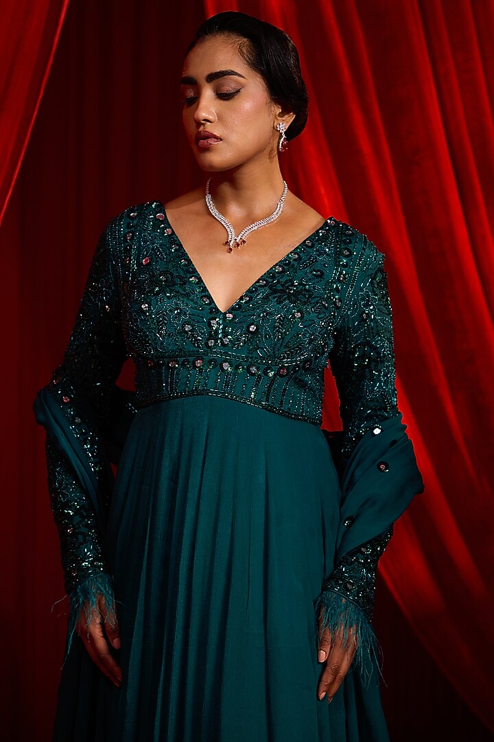 Teal & Turquoise Chiffon Mirror Embroidered Wedding Anarkali Set by Nidhika Shekhar at Pernia's Pop Up Shop