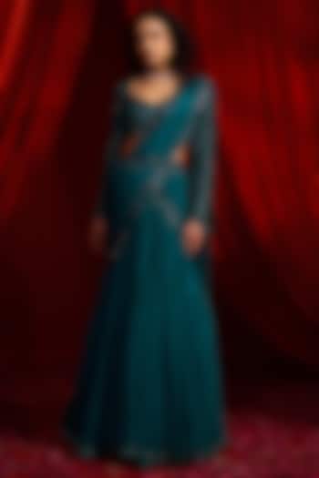 Teal & Turquoise Chiffon Embroidered Draped Wedding Saree Set by Nidhika Shekhar at Pernia's Pop Up Shop