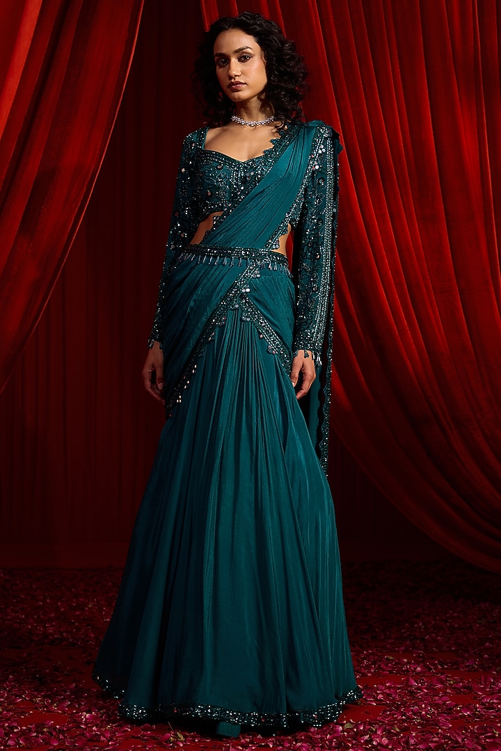 Teal & Turquoise Chiffon Embroidered Draped Wedding Saree Set by Nidhika Shekhar at Pernia's Pop Up Shop