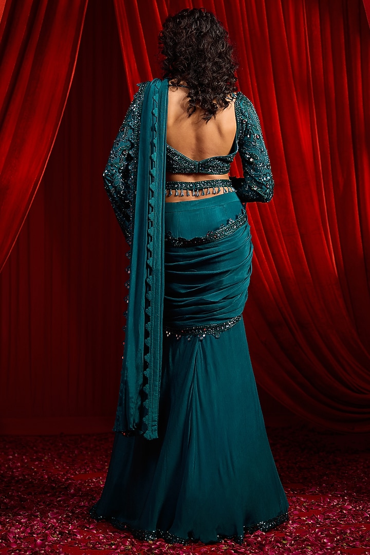 Teal & Turquoise Chiffon Embroidered Draped Wedding Saree Set by Nidhika Shekhar at Pernia's Pop Up Shop