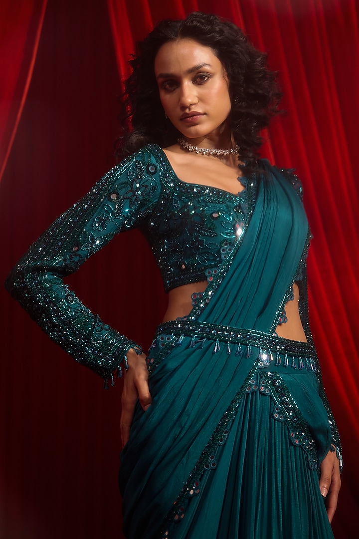 Teal & Turquoise Chiffon Embroidered Draped Wedding Saree Set by Nidhika Shekhar at Pernia's Pop Up Shop