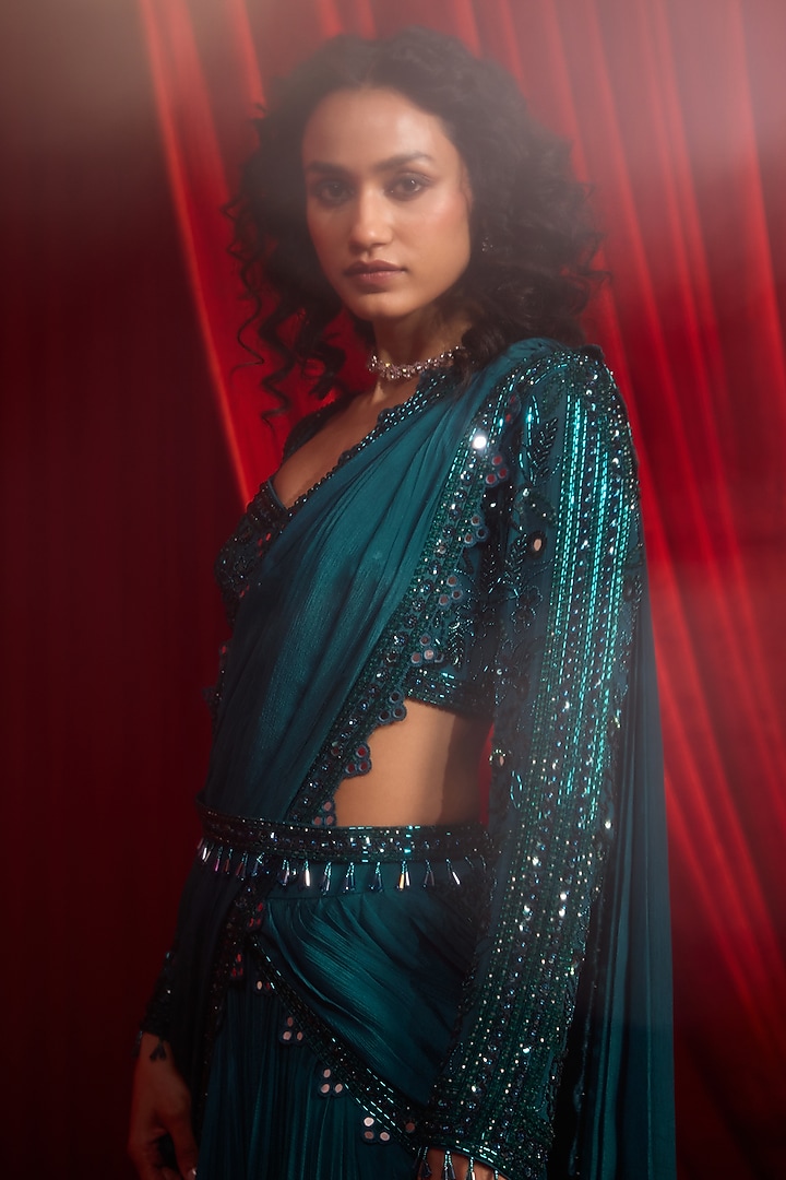 Teal & Turquoise Chiffon Embroidered Draped Wedding Saree Set by Nidhika Shekhar at Pernia's Pop Up Shop