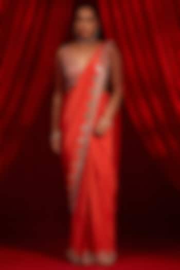 Rust Crepe Embroidered Wedding Saree Set by Nidhika Shekhar at Pernia's Pop Up Shop