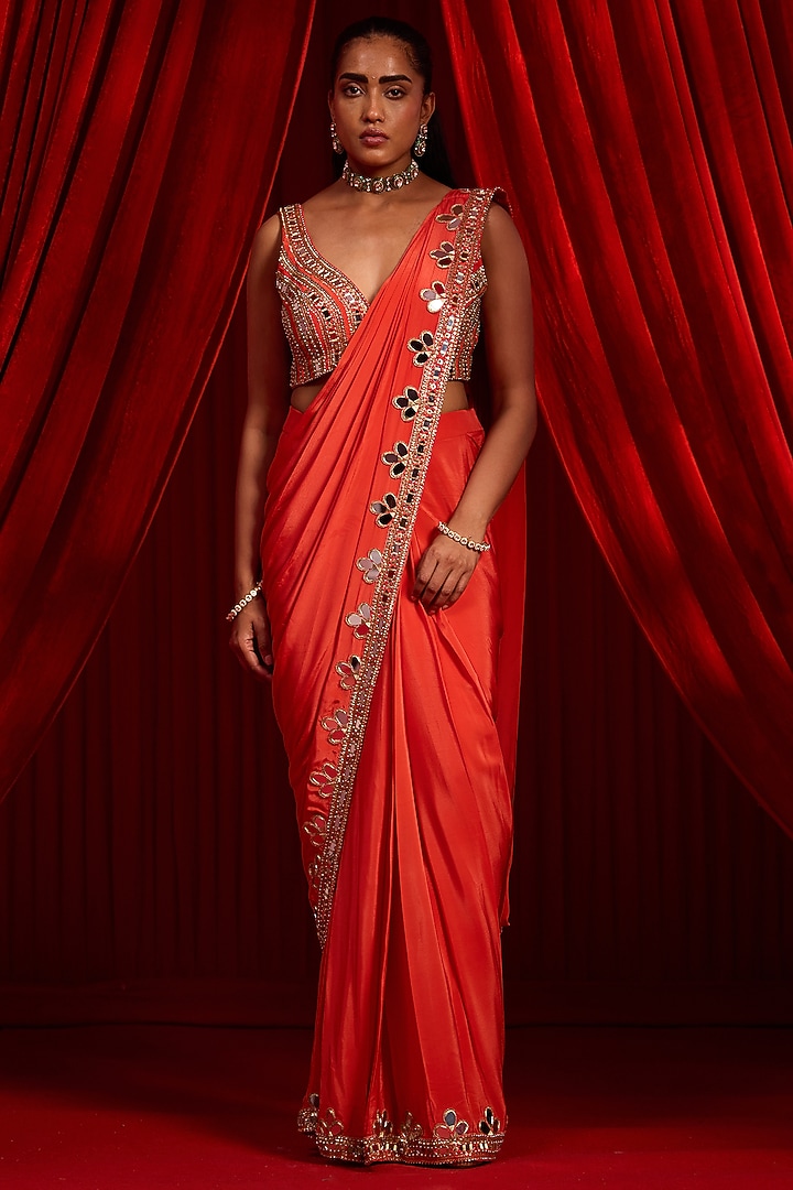 Rust Crepe Embroidered Wedding Saree Set by Nidhika Shekhar at Pernia's Pop Up Shop
