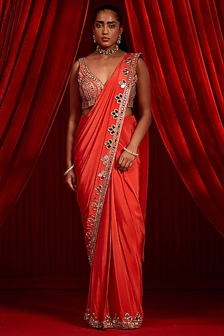 Rust Crepe Embroidered Saree Set by Nidhika Shekhar