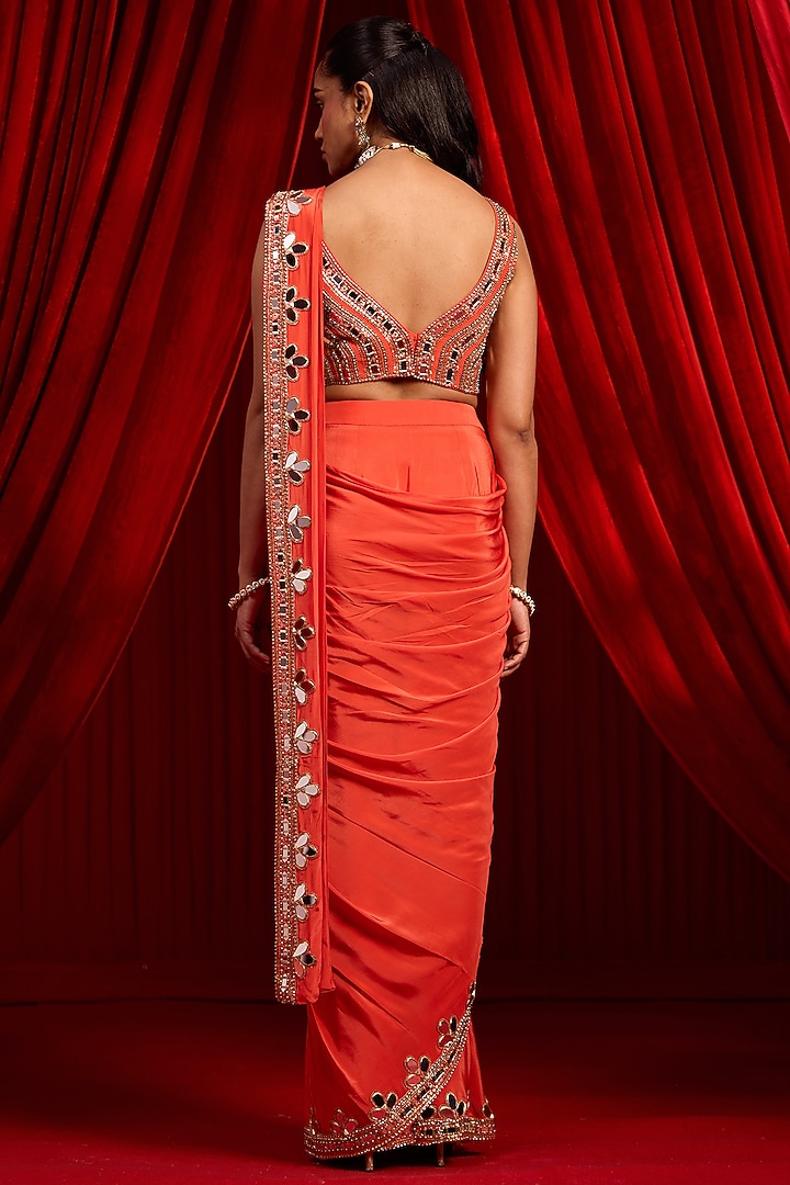 Rust Crepe Embroidered Wedding Saree Set by Nidhika Shekhar at Pernia's Pop Up Shop