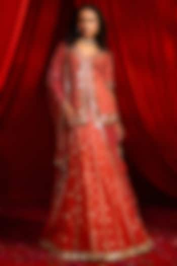 Rust Chanderi & Net Embroidered Wedding Lehenga Set by Nidhika Shekhar at Pernia's Pop Up Shop