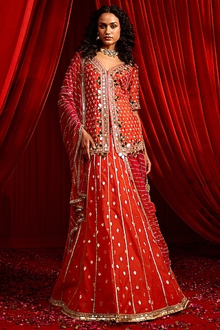Rust Chanderi & Net Embroidered Lehenga Set by Nidhika Shekhar