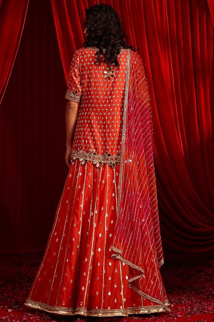 Rust Chanderi & Net Embroidered Wedding Lehenga Set by Nidhika Shekhar at Pernia's Pop Up Shop