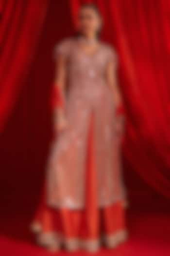 Rust Chanderi & Net Embroidered Wedding Lehenga Set by Nidhika Shekhar at Pernia's Pop Up Shop