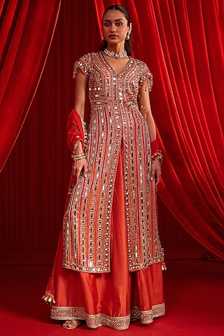 Rust Chanderi & Net Embroidered Lehenga Set by Nidhika Shekhar