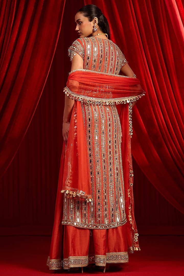 Rust Chanderi & Net Embroidered Wedding Lehenga Set by Nidhika Shekhar at Pernia's Pop Up Shop