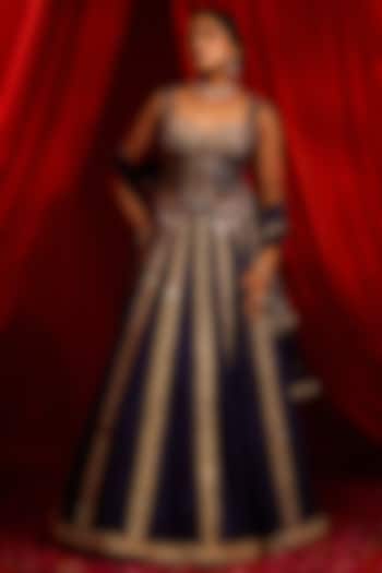 Blue Georgette Mirror Embroidered Wedding Lehenga Set by Nidhika Shekhar at Pernia's Pop Up Shop